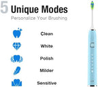 7AM2M Ultrasonic Electric Toothbrush with 6 Brush Heads for Adults&Kids, Type C Charging, One Charge for 120 Days, 5 Modes&40000VPM Powered Toothbrush, 2 Minutes Built in Smart Timer (Light Blue)