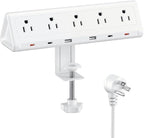 6.5 FT Desk Clamp Power Strip with 5 AC Outlets & 6 USB Ports PD 40W USB-C Fast Charging, 1250J Surge Protector, Fits 2.1 in top Edge White