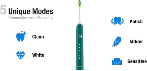 7AM2M Ultrasonic Electric Toothbrush with 6 Brush Heads for Adults&Kids, One Charge for 120 Days, Type-C Charge, 5 Modes, 40000VPM Powered Toothbrush, 2 Minutes Built in Smart Timer (Peacock Green)