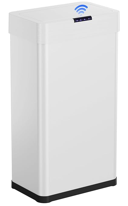 Arlopu Automatic Trash Can,Sensor Motion Stainless Steel Garbage Bin, Touchless Smart Waste Bin, W/Stay-Open, Soft Close Lid, Display Light for Kithchen, Living Room, Office (White, 18.5gal)