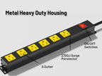 Heavy Duty 6 Outlet Metal Long Power Strip, 2700J Surge Protector with 15A Circuit Breaker, 6FT Extension Cord, Wall Mount for Garage, Workshop & Industrial Use, Wide Spaced (2 Pack 6ft)
