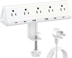 10 FT Desk Clamp Power Strip with 5 AC Outlets & 6 USB Ports PD 40W USB-C Fast Charging, 1250J Surge Protector, Fits 2.1 in top Edge White