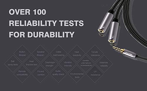 DUKABEL Long Headphone Splitter (4ft / 1.2m) Shielded 4-Pole TRRS 3.5 Y Splitter Cable 2-Way Female to Male Headphone Adapter Stereo Audio/Crystal-Nylon Braided / 24K Gold Plated / 99.99% 4N OFC