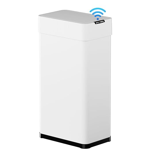 TLSUNNY 18.5 Gallon Automatic Trash Can, Stainless Steel Motion Sensor Garbage bin, Smart Trash Can W/Butterfly Lid, Bag Retainer Ring and Display Light for Living Room,Kitchen,Office (White, 70L)