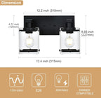 WINSHEN Black 2-Light Wall Sconce Bathroom Light Fixture, Rectangular Clear Glass Vanity Lighting Over Mirror, E26 Bulb Base