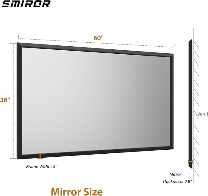 SMIROR Matte Black Bathroom Mirror for Over Sink 50x 36 inch, Metal Thick Frame Rectangle Vanity Mirror for Wall, Anti-Rust, Horizontally or Vertically Mounted