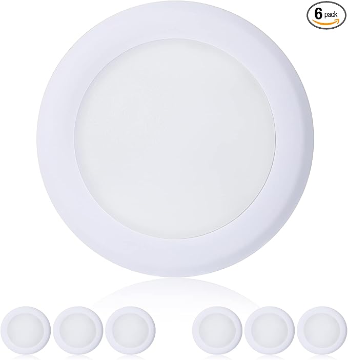 TOPELER 6in Dimmable Flush Mount Ceiling Recessed Light, 15W 4000K Cool White Low Profile Surface Mount LED Disc Light, Installs with J-Box or Canister, ETL-Listed Approvel, 6 Pack