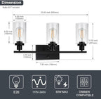 WINSHEN Wall Sconce Lighting 3-Light Matte Black Bathroom Vanity Light Fixtures Farmhouse Wall Lamp with Seeded Glass for Kitchen Living Room Mirror