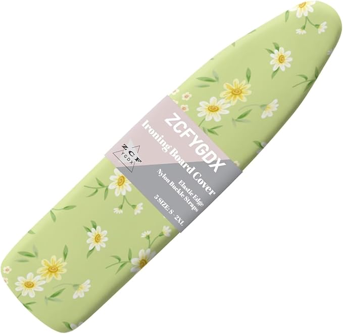 ZCFYGDX Fresh White Daisy Print Ironing Board Cover, Resist Scorching & Staining, Easy to Install Resistant Elastic Edges, 3 Nylon Buckle Straps Fasteners, Protective Scorch Cloth Covers Size-2XL