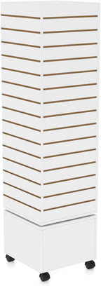 16" W * 16" D * 62" H - White Slatwall Tower, Four Panel Slatwall Retail Fixture, Rotating Retail Display Rack
