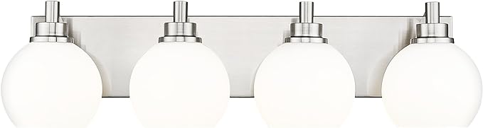 METWET Bathroom Light Fixtures, 4 Light Brushed Nickel Vanity Light, 26 Inch Modern Wall Sconces with Globe Milk White Glass Shade, Vanity Lighting Fixtures Over Mirror, VL195-BN-ML-4