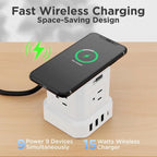 Uncaged Ergonomics Wireless Cube Charger & Power Strip with USB Ports, Surge Protection, 10ft Extension Cord with Wireless Charger, 4 AC Plugs & 3 USB Ports, 1 C Fast Charging with On/Off Switch