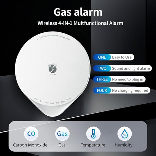 4-in-1 Carbon Monoxide Detector, Wireless Battery CO and Gas Alarm with Temperature and Humidity Monitors, No Plug Needed Portablhe CO Methane Gas Detector for Home, Kitchen and Bedroom