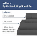 Split Head King Sheet Set – 4 Piece Flex Split Top King Sheets for Adjustable Beds - Fits 14” to 16" Mattress w/ Deep Pockets - Soft, Breathable & Cooling - Luxury Bedding and Wrinkle Free - Charcoal