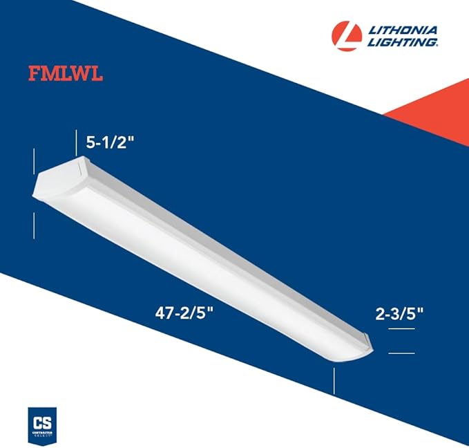Lithonia Lighting 4 Foot LED Light Fixture, Low-Profile LED Wraparound Flush Mount Ceiling Light, 3500K Neutral White, 120V, 48-Inch (FMLWL 48 835)