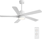 WINGBO 48 Inch DC Ceiling Fan with Lights and Remote Control, 5 Carved Solid Wood Blades, 6-Speed Noiseless Reversible DC Motor, Indoor Ceiling Fan in Gloss White Finish with White Blades