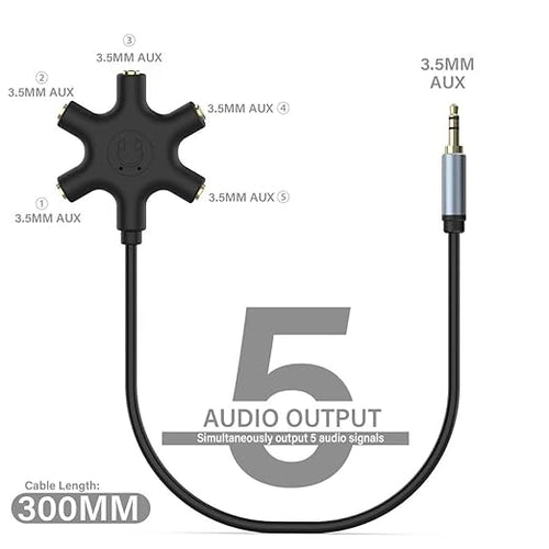 5-Jack Multi-Headphone Audio Splitter Injection Molding - Designed for Up to 5 Devices