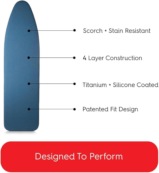 TIVIT Ironing Board Cover 18 x 49, Performance Grade Titanium Coated Pro Grip Pad & Covers - Superior Scorch & Stain Resistance, High Heat Reflection, 3 Padded Layers 3 Fastener Straps - Made In Italy