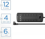 Witeem Surge Protector Power Strip - 12 Outlets,3 USB+USB-C 3.4A Ports, 6Ft Extension Cord, 1875W/15A, 4360Joules, Overload Protection - Ideal for Home & Office Use (Black-USBC)