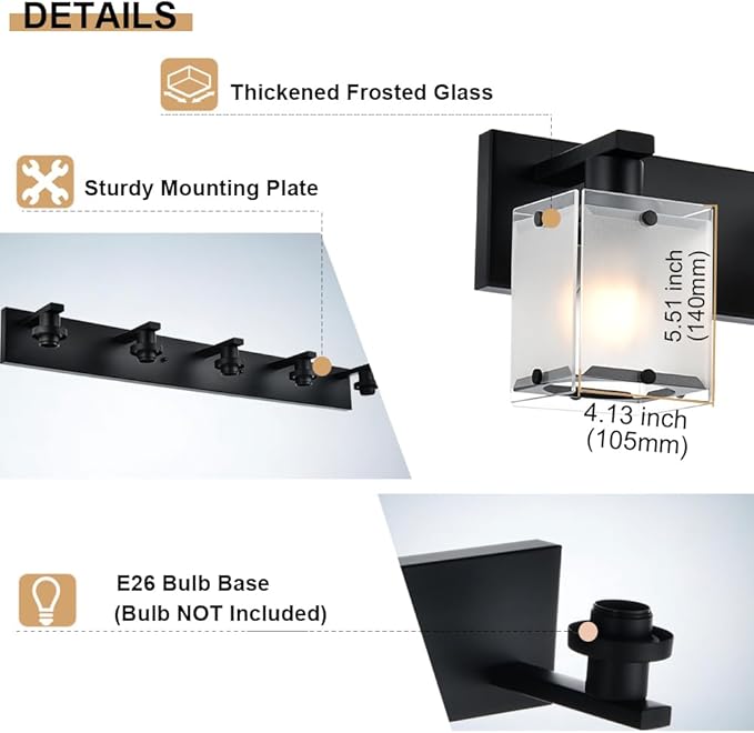 WINSHEN 3-Lights Bathroom Light Fixture Over Mirror, Modern Black Wall Sconce Vanity Lighting Fixtures with Rectangular Frosted Glass Shade for Bathroom Kitchen Bedroom, E26 Bulb Base