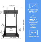 Hellsehen Mobile TV Stand,Rolling TVs Cart on Wheels Height Adjustable Heavy-Duty Floor Stand Base for 32-75 Inch LCD LED OLED Flat Panel Screens Smartboard Movable Holds up to 220lbs with Shelf