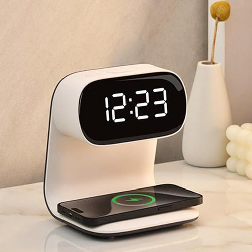 3in1 Multi-Functional Wireless Charging Alarm Clock Smart Night Light Qi Charger LED Digital Clock Adjustable Light 15W Fast Wireless Charging for All Qi Phone and TWS Headphone White