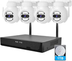 [Auto Tracking Alert 360° PTZ & 2-Way Audio] 8CH Plug&Play Wireless Cameras for Home Security, 4x1920P 5MP IP67 IR&Full Color Night Vison AI Motion Detection, 1TB HDD 24/7 Recording Remote Control