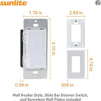Sunlite LED Wall Rocker Style, Slide Bar Triac Dimmer Switch, Screwless Wall Plates Included, Single Pole or 3-Way Switching, 120 Volts, 200W Max for LED, 600W Max for Incandescent, White, 1 Pack