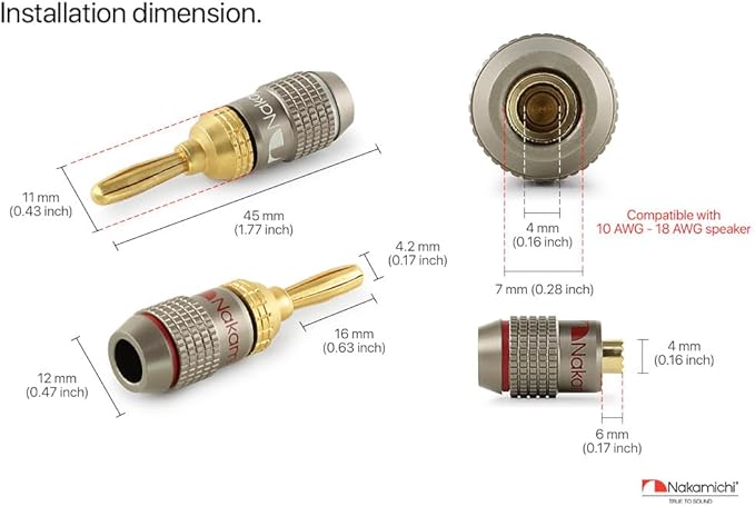 Nakamichi FanLock Excel Series 24k Gold Plated Banana Plugs 10 AWG - 18 AWG Gauge Size 4mm for Speakers Amplifier Hi-Fi Stereo Home Theatre Radio Audio Wire Cable Quick Connector 2 Pcs (1-Pair)