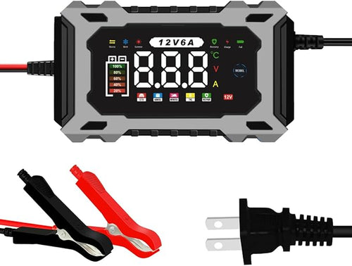 6-Amp 12V Smart Car Battery Charger, Battery Maintainer Trickle Charger with Desulfator, Pulse Repair & Overcharge Protection - for Car Lawn Mower Marine Lead-Acid Batteries (Gray)