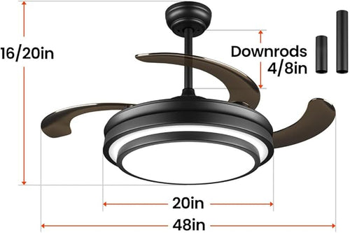 48 Inch Retractable Ceiling Fan with Lights and Remote,Black Fandelier Ceiling Fan with APP Control 6 Speed Dimmable LED Ceiling Fans Silent Reversible Motor for Bedroom Kitchen Living Room