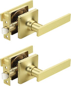Mengico 2 Pack Passage Door Levers Gold Finish, No-Locking Keyless Square Door Knob, Interior Door Handles for Closet and Hallway, Reversible for Left & Right Handed