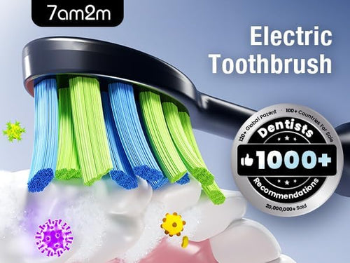 7AM2M Ultrasonic Electric Toothbrush with 6 Brush Heads for Adults&Kids, Type C Rechargeable, One Charge for 120 Days, 5 Modes&40000VPM Powered Toothbrush, 2 Minutes Built in Smart Timer (Black)