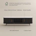 POVISON Sliding Tambour Door TV Stand, Mid Century Modern Sintered Stone TV Console, Wood Media Console for 70 Inch TV, Entertainment Center with Storage Cabinet, Fully-Assembled (Black, 70.87")