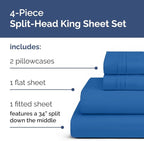 Split Head King Sheet Set – 4 Piece Flex Split Top King Sheets for Adjustable Beds - Fits 14” to 16" Mattress w/ Deep Pockets - Soft, Breathable & Cooling - Luxury Bedding & Wrinkle Free - Royal Blue