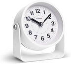 TIMESS Analog Alarm Clock, Silent Non-Ticking Quartz Movement, Battery-Operated with Snooze & On-Demand Light, Easy to Set Gentle Wake Bedside Desk Clock, Ideal for Home, Travel, Office (White)