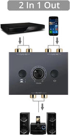 RCA Stereo Audio Switcher R/L Audio Selector Splitter 2(1)-in-1(2)-Out Audio Selector Switch Box with One Key Mute and Switch Compatible Active Speaker,PC,Ipad,etc