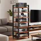 Dernoing 7 Tier Audio Rack Tower, CD Record Player Stereo Receiver AV Equipment Cabinet Display Rack, Weight Capacity 661 lbs, with Adjustable Wooden Shelves for Home (7 Tier Teakwood)