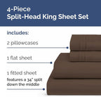 Split Head King Sheet Set – 4 Piece Flex Split Top King Sheets for Adjustable Beds - Fits 14” to 16" Mattress w/ Deep Pockets - Ultra-Soft, Breathable & Cooling - Luxury Bedding & Wrinkle Free - Brown