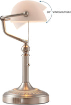 Newrays White Matted Glass Bankers Desk Lamp with Pull Chain Switch Plug in Fixture,Sand Nickel Base