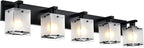 WINSHEN 5-Lights Bathroom Light Fixtures, Matte Black Modern Vanity Lights with Rectangular Frosted Glass for Over Mirror Dressing Table, E26 Bulb Base