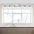 WINSHEN 6-Lights Bathroom Vanity Light Fixtures with Seeded Glass Lampshades, 45.3-Inches Length Modern Brushed Nickel Wall Light Fixture for Kitchen Bathroom Lighting