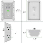 USB Wall Charger, Surge Protector, QINLIANF 5 Outlet Extender with 4 USB Charging Ports (4.8A Total) 3-Sided 1680J Power Strip Multi Plug Outlets Wall Adapter Spaced for Home Travel Office(2U2C),Grey