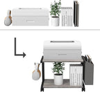VEDECASA 2 Tier Vintage Greige Wooden Under Desk Printer Stand with Storage Bag for Home Office Desktop Printer Table Organizer Mobile Printer Shelf Cart with Caster Wheel