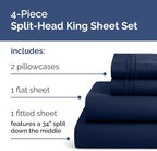 Split Head King Sheets Set - Top Split King Sheets for Adjustable Beds, Easy-Fit Split Head King Mattress - Flex Split Top King Sheets, Easy-Fit, Breathable, Deep Pocket Split King Sheets - Navy Blue