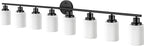 Guliaofo 8-Light Vanity Lights, Black Bathroom Light Fixture with Striped Textured Milky White Glass Shade, Modern Vanity Lighting Fixture for Bathroom Wall Light Over Mirror, E26 Wall Sconce