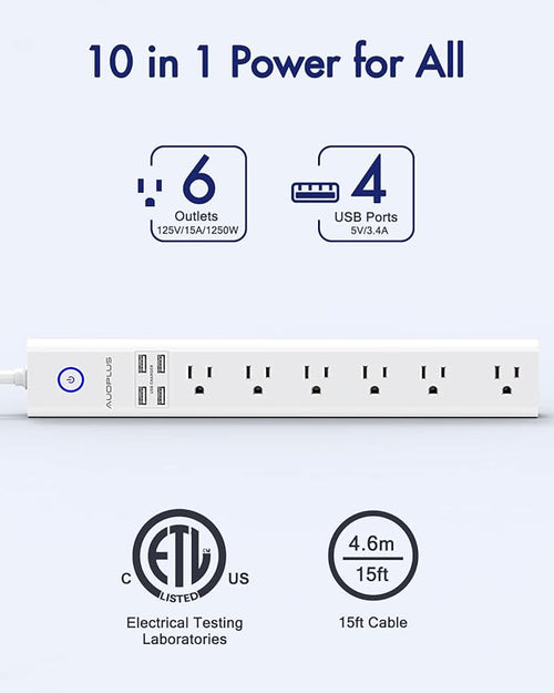 15 Ft Power Strip Surge Protector, 6 Outlets and 4 USB Ports, Flat Plug Power Strips Long Extension Cord with Overload Protection, Wall Mount for Home, Office, Dorm, ETL Listed