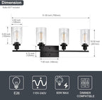 WINSHEN Black 4-Light Bathroom Light Fixtures with Seeded Glass Shade, 31-Inches Length Farmhouse Vanity Lights Over Mirror for Cabinet Kitchen Bedroom