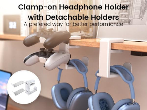 3in1 Rotating Headphone Holder - EURPMASK 3in1 PC Gaming Headset Holder w/Detachable Controller Holder, Adjustable Clamp-on Headset Stand,Headphone Hanger Hook Under Desk w/Cable Clip Organizer