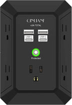 USB Wall Charger, Surge Protector, QINLIANF 5 Outlet Extender with 4 USB Charging Ports (4.8A Total) 3-Sided 1680J Power Strip Multi Plug Outlets Wall Adapter Spaced for Home Travel Office(2U2C),Black